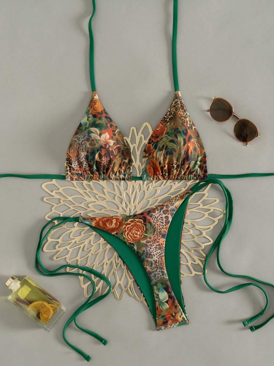 Women's Floral & Leopard Print Backless Tie-Front Bohemian Beach Bikini Set - Multicolor - View 1