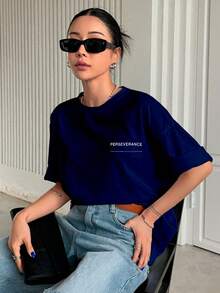 T-Shirt With "Perseverance" Print Lettering. Minimalist, Casual, Modern, Sophisticated, Simple, Basic, Summer, Oversized. - Navy Blue - View 6