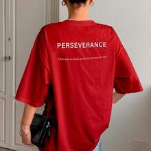 T-Shirt With "Perseverance" Print Lettering. Minimalist, Casual, Modern, Sophisticated, Simple, Basic, Summer, Oversized. - Red - View 14