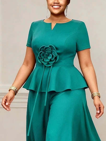 Plus Size Women's Mint Green Ruffle Trim 3D Floral Decor V-Neck Blouse, Suitable For Office And Casual Occasions