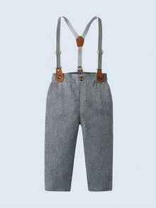 2pcs Young Boys Gentleman Suit Set, Long Sleeve Collared Shirt With Bowknot And Gray Suspender Pants, Fashionable & Dapper For Birthday, Valentine's Day, Party, Wedding - Grey - View 3