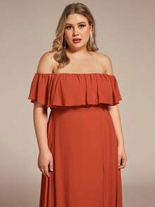 EVERPRETTY Plus Size High Slit Orange Off-Shoulder Elegant Bridesmaid Dress, Suitable For Spring/Summer Weddings, Parties And Valentine's Day Formal Occasions Party - Burnt Orange - View 5