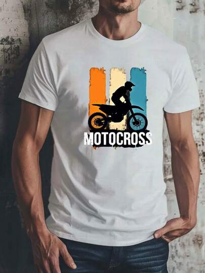 Camiseta de patrón de carreras de motocicleta para hombres - Diseño de motocicleta de motocross todoterreno - Camiseta de manga corta a rayas negra, naranja y azul - Camiseta deportiva ligera y transpirable para el verano, adecuada para carreras todoterreno, ropa casual - Camiseta de cuello redondo de ajuste regular lavable aáquina, actividades al aire libre, estilo deportivo, material duradero, ropa de motocicleta, gimnasio, playeras de hombre, chaqueta, chaquetas de gimnasio, gimnasio, tiburón