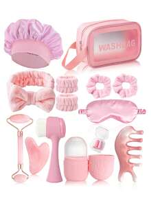 Bộ dụng cụ làm đẹp da mặt massage & làm sạch (3/5/8/14 món), bao gồm: dụng cụ cạo gió Gua Sha, con lăn massage, viên đá lạnh, cọ rửa mặt, máy massage đầu, băng đô, mặt nạ mắt, mũ trùm tóc, dây buộc tóc, túi đựng - Thích hợp làm quà tặng cho phụ nữ, sinh viên, các bà mẹ, chị em gái. - Nhiều màu - Xem 12