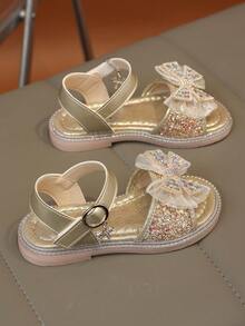 1双时尚百搭女童珍珠水钻蝴蝶结装饰可爱平底凉鞋，圆头设计，适合日常穿着、跳舞、户外活动，亮片装饰闭趾公主鞋，春秋季款 - 金色 - 查看 2