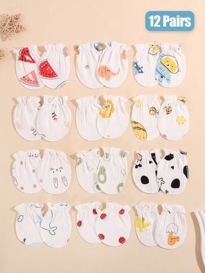 12 Pairs Baby Scratch Mittens - Cute Cartoon Anti-Scratch Gloves For Newborn Girls, All-Season Soft Infant Hand Covers (Assorted Patterns)