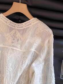 JIANHU Women's Summer Embroidered Sheer Top, Bohemian Floral Lace V-Neck Top, Lightweight & Breathable, Suitable For Beach Vacation, Mother's Day Gift, Holiday White - White - View 5