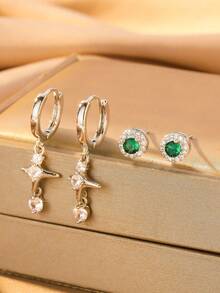 1 par/2 piezas de pendientes de mujer, con circonita verde incrustada, elegantes y con estilo para uso diario, reuniones y fiestas - Multicolor - Ver 2