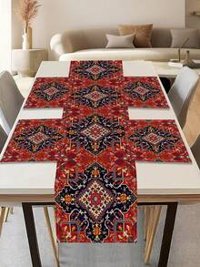 1pc Geometric Pattern Printed Table Runner, 4pcs Printed Placemats, Suitable For Holidays, Parties, Birthdays, Dinners, Kitchen & Dining Room Table Decor, Applicable For All Seasons, Home Textile Decoration - Multicolor - View 1