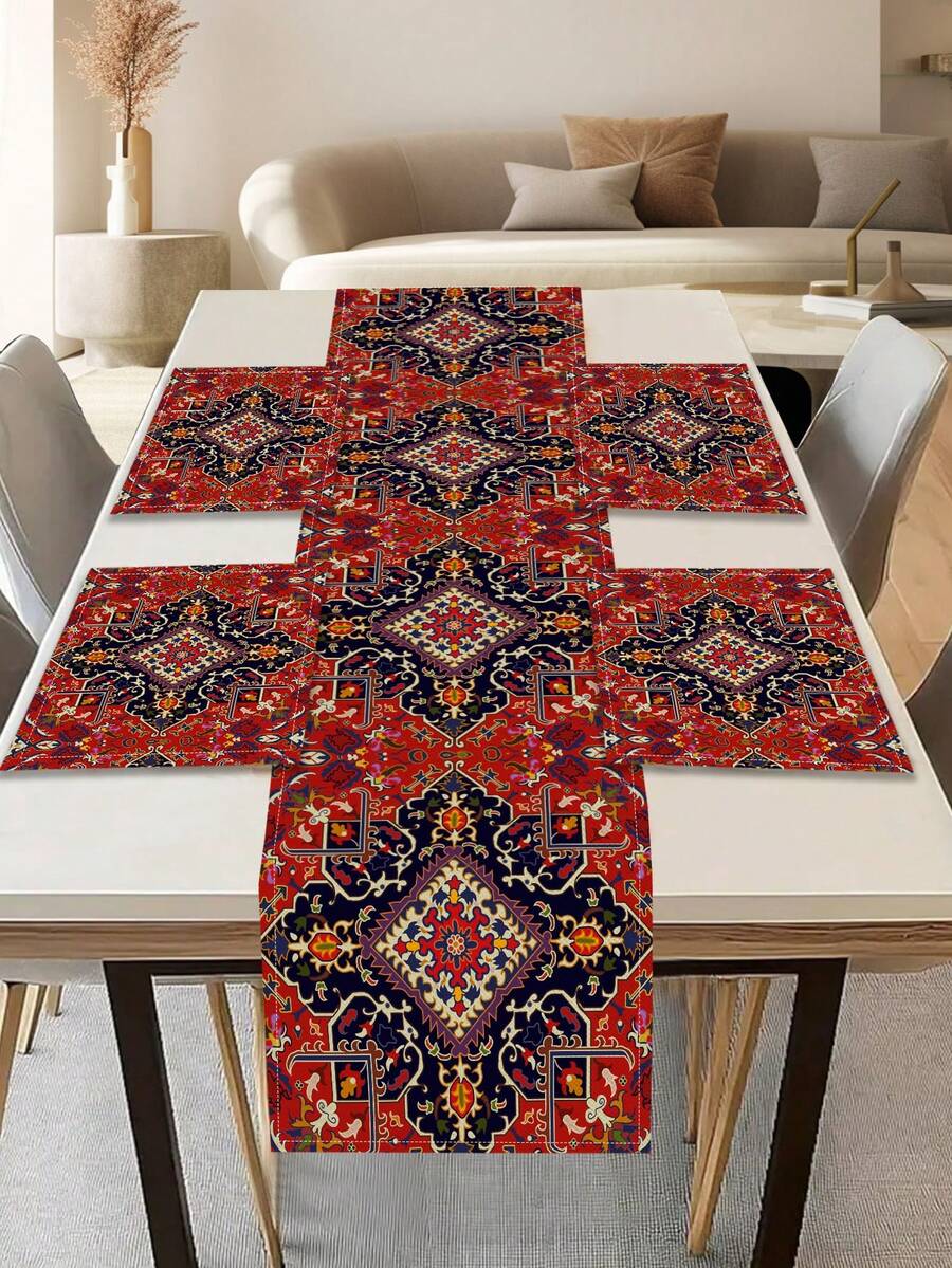 1pc Geometric Pattern Printed Table Runner, 4pcs Printed Placemats, Suitable For Holidays, Parties, Birthdays, Dinners, Kitchen & Dining Room Table Decor, Applicable For All Seasons, Home Textile Decoration - Multicolor - View 1