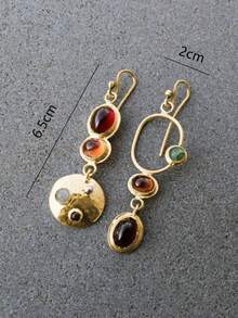 Vintage Colorful Personalized Earrings, Creative Geometric Asymmetric Design, Handmade Earrings, For Women - Gold - View 13