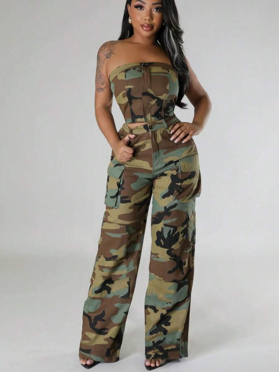 Nuevo conjunto de pantalones casuales de moda de otoño para mujer con bolsillos de camuflaje - Verde militar - Ver 1
