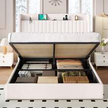 SHA CERLIN Full/Queen/King Size Lift Up Storage Bed Frame/Charging Station/USB,Type-C Port/Storage Headboard/Velvet Upholstered/Hydraulic Support/No Box Spring Needed/Noise Free/White - Xem 7