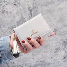 Cartera corta para mujeres estilo coreano y japonés con borla, cartera triple linda para estudiantes, tarjetero - rosa - Ver 3