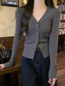 V领设计，细扣环，长袖，罗纹针织毛衣，女士开衫，适合秋冬季、返校季、圣诞节和新年等场合，优雅休闲的长袖上衣 - 灰色 - 查看 6