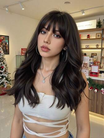 1 件蝴蝶剪发黑棕色假发合成耐热直发假发，带刘海，24 英寸长，全机织日常自然逼真假发圣诞节 Y2k 礼物