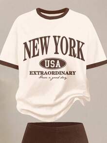 Tween Girl Letter Graphic Print Short Sleeve Top And Skinny Flare Pants Set - Brown - View 3