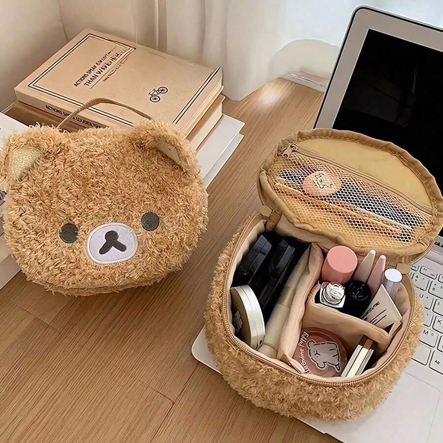Cute Bear Makeup Bag – 3D Small Plush Teddy Design, Portable Cosmetic Pouch For Women And Girls, Organizer For Brushes, Lipsticks, And Beauty Essentials, Brown - mặc định - Xem 1