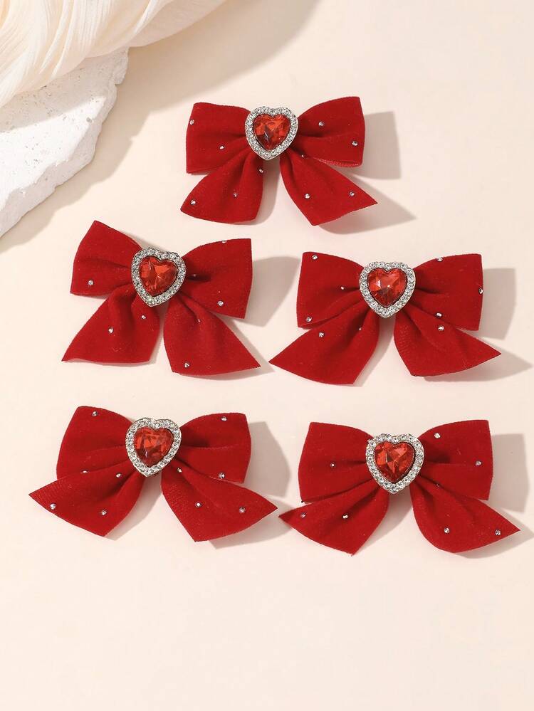 5pcs/10pcs Girls Red Rhinestone Heart & Bow Hair Clips Set, Suitable For New Year Decoration And Daily Wear - Red - View 10