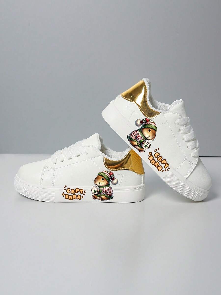 儿童休闲运动鞋，新款春秋时尚可爱卡通印花透气软底学生白色鞋 - 金色 - 查看 1