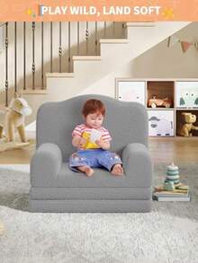 Sofá convertible 2 en 1 para niños, fabricado en suave forro polar, cómodo y acogedor, para sala de juegos, dormitorio infantil y regalo de cumpleaños (corona gris) - Gris - Ver 2
