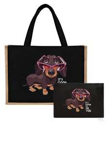 Bolsa Fashionlinen feminina com estampa de um fofo Dachshund com óculos rosa, conjunto de bolsa tote e carteira, bolsa leve e espaçosa para o dia a dia, bolsa resistente e durável para trabalho, casamento, viagens, aniversários, praia, férias, escola, o presente perfeito.