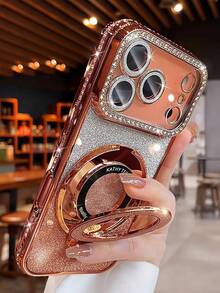 Luxury Electroplated Starry Sky Orange Phone Case With Foldable Stand, Soft Protective Cover With 4 Air Cushions [Anti-Fall & Shock-Proof], High-Quality Durable, Sparkling Rhinestone Design, Compatible With IPhone 17/16/16e/15/14/13/12/11/X/XS/XR/SE 2020/2022 - Pro Max Plus Mini Air - Orange - View 8