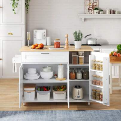 L132.5*B44(70)*H90cm Large Mobile Kitchen, Arbeitsplatte Klappbar, Eiche Maserung, Multifunctional Schrank, Gewürzregal, Handtuchhalter, 5 Rollen, Geeignet Für Küche/Essen/Haus