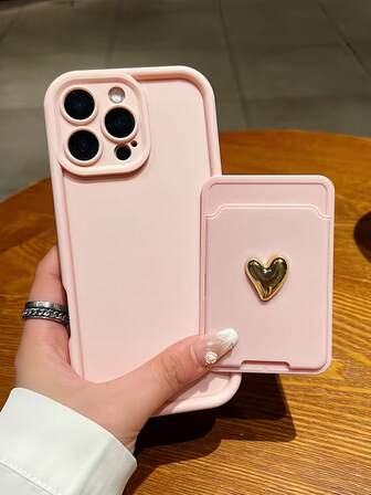 2pcs/Set Cute & Luxurious Pink Camera Lens Protection Phone Case With 3D Golden Heart Card Holder, Suitable For IPhone17 16 16Promax 16Pro 16plus XR 15 14 Pro Max 12 13 Pro 11, Candy Shockproof Protective Cover For Samsung Series