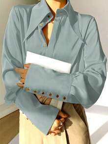 [Customized Development] New Women's Fashion Long Sleeve Solid Color Shirt, Summer Elegant Spring - Light Wash - View 5