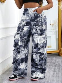 Women's Straight Leg Cargo Pants, Multi-Pocket Tactical Jogger Pants, Loose Fit, Casual Utility Pants, Suitable For Women's Street Wear - Dark Wash - View 3