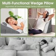 Triangular Sleeping Wedge Pillow Adult Anti-Reflux Pillow Bed Reading Pillow Bed Backrest With Washable Cover With Pockets - Grey - View 4