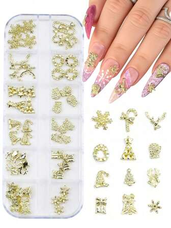 ネイルアート用 3Dネイルチャーム 48個セット ゴールド シルバー ハート フラワー スノーフレーク キャンディー 多種多様な形状 ネイルデザイン DIYクラフト