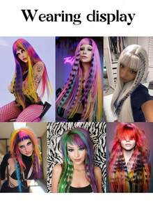 Synthetic Colored Hair Extensions, One-Piece Invisible Seamless Leopard Print Colored Ear-Hook Dyeing Long Straight Hair Highlights Striped Hair Extensions, Claw Clips, Hair Slide, Hair Barrettes, Accessories For Women - Multicolor - View 7