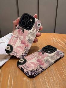 1pc Fashionable Vintage Bulb Leopard Print & Cherry Blossom Vertical Faux Leather Texture Anti-Slip Anti-Drop Soft Protective Phone Case Compatible With IPhone And Phones 17/17AIR/17PRO/17PROMAX - Multicolor - View 2