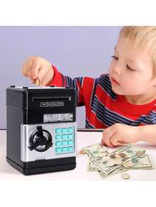 儿童迷你ATM存钱罐，可存现金、硬币和密码，适合男孩女孩，是儿童生日和圣诞节的理想玩具礼物。 - 黑色 - 查看 4