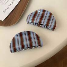 Retro Winter Blue And Brown Striped Hair Clip, High-End Niche Style, Shark Clip For The Back Of The Head, Simple And Elegant Updo Hair Clip - 藍色 - 查看 2
