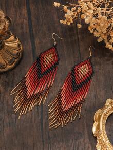 SOUL BEADING Bohemian Handmade Tassel Earrings For Women, Vintage , Red & Black Geometric Rhombus Pattern, Long Swinging Tassel Pendant, Suitable For All Seasons, Versatile For Daily Wear, Vacation, And Gift Giving - Red - View 4