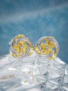 1pair Fashion Unique Silver Color Yellow Cubic Zirconia Stud Earrings For Women's Wedding Jewelry Accessories Party Daily Wear Gifts - Hoa tai - Xem 3