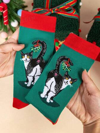 1/3/6双装卡通猫咪图案时尚中筒袜，男女通用舒适休闲袜