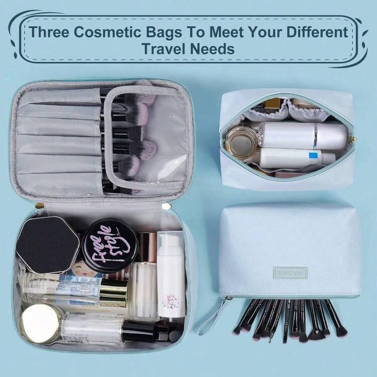 Organizador de maquillaje portatil impermeable 3 piezas para viaje multifuncional grande ideal para uso diario y viajes azul - Azul - Añade 4
