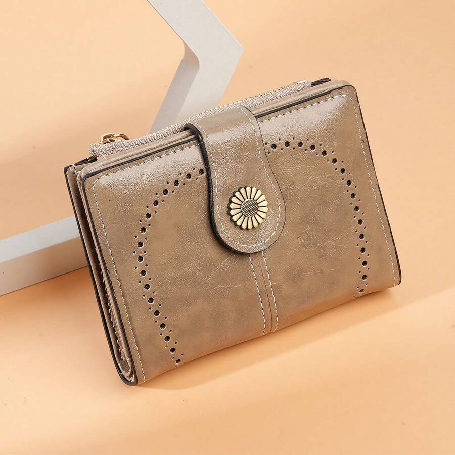 Cartera de cuero aceitado para mujeres, cartera corta retro, monedero multifuncional hueco, clip para dinero - Azul - Ver 1