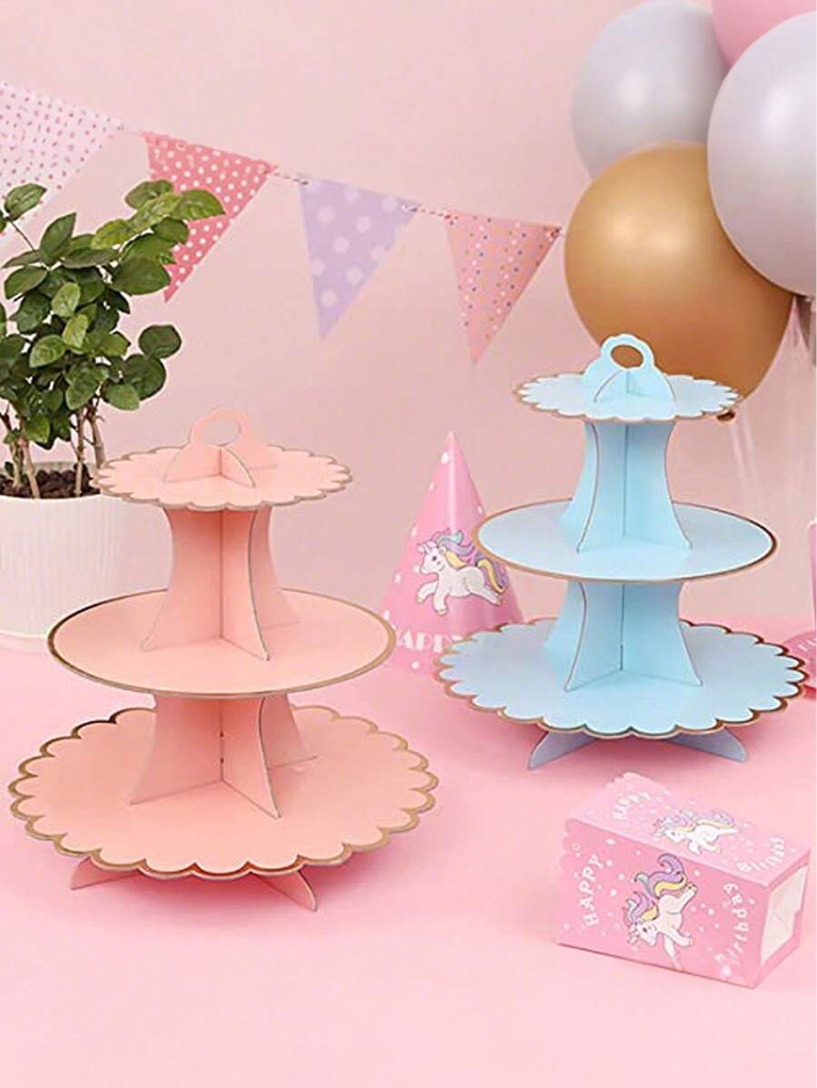 1pc Pink Cake Stand, 3-Tier Round Cardboard Stand Tower, Cardboard Cupcake Stand, Easy Assemble Dessert Stand Holder, Display Stand With Gold Scalloped Edge For Party, Afternoon Tea,Wedding Party Anniversary Christening Fruit Desserts Display - Multicolor - View 1