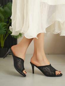 黑色网眼透气高跟凉鞋，露趾套脚系带网眼拖鞋，性感时尚百搭户外鞋 - 黑色 - 查看 4