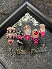 10片装手工杏仁形亚克力美甲套装，打造浪漫美甲，包含玫瑰红、粉色、黑红、法式玫瑰、黑紫扎染等款式，甜美Y2K风格全覆盖假指甲，以及3D花朵、心形宝石、彩色水钻、链条和其他美甲装饰品。 - 玫紅色 - 查看 6