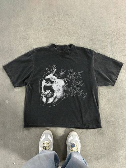 男士休闲做旧雪花印花复古T恤，春夏款