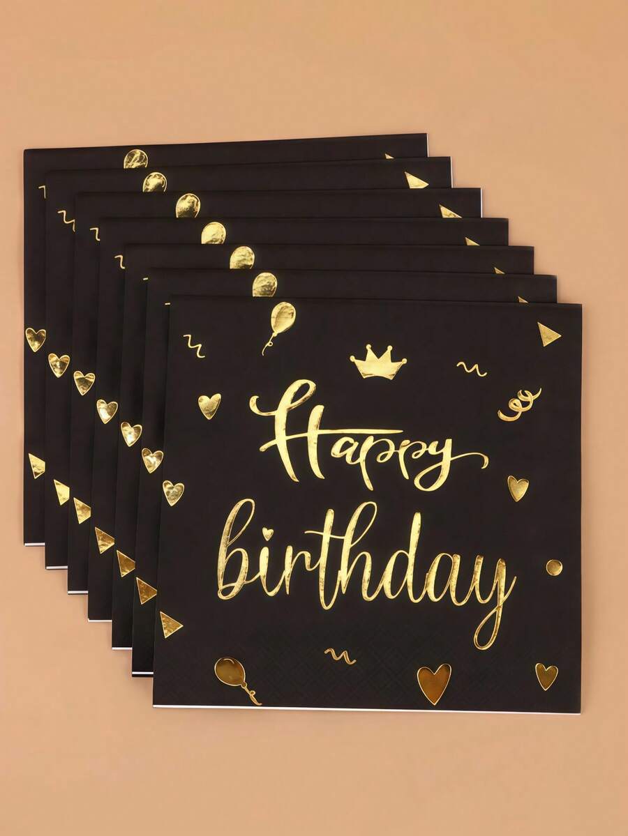 10pcs Black & Gold Embossed Crown Napkins, Suitable For Birthday (Random Style Shipped) - Black - View 1