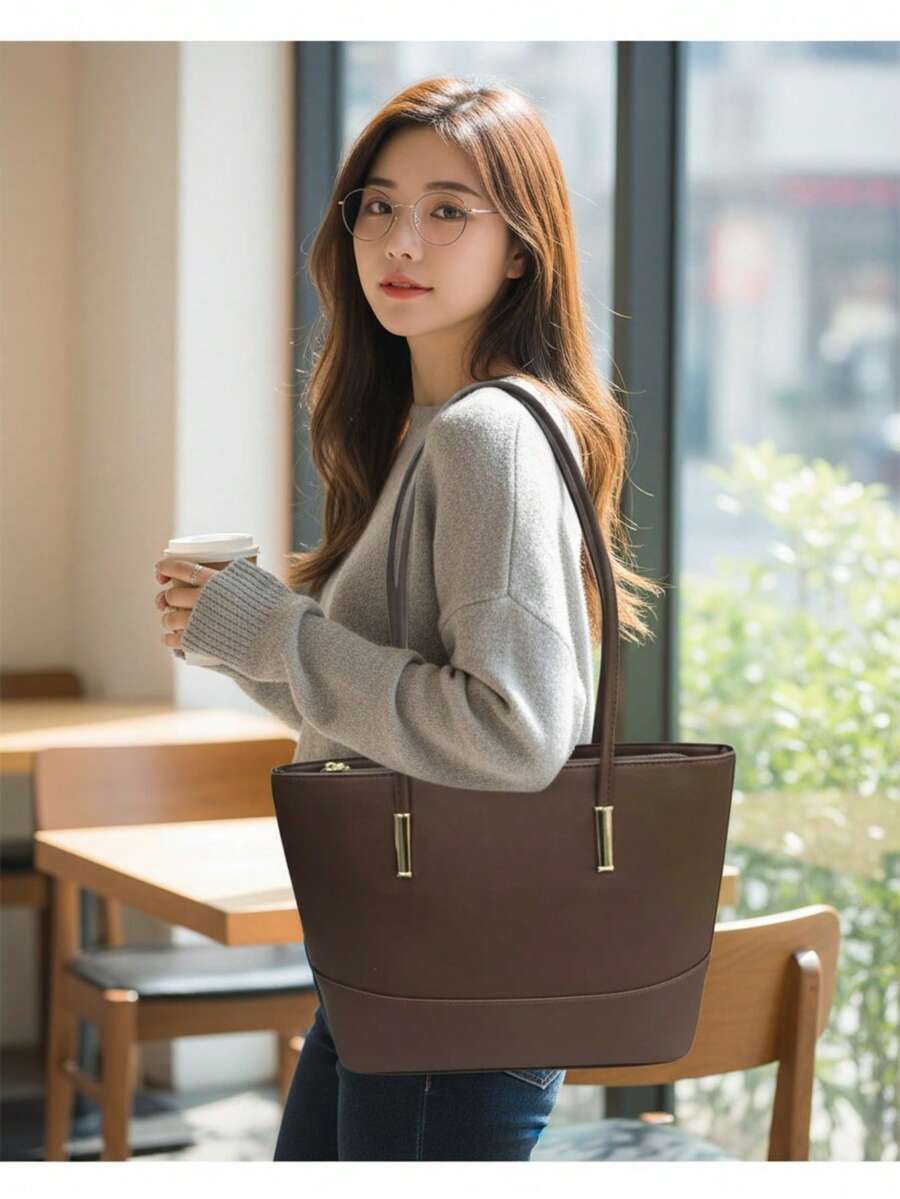 Classic Work Tote Bag Stylish Large Capacity PU Leather With Multiple Compartments - Coffee - View 1