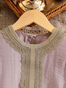 Spring/Summer Girls' Dress, Simple & Comfortable, Collar & Cuffs Decorated With Exquisite Golden Embroidered Floral Lace, Elegant A-Line Silhouette, Suitable For Vacation & Outdoor Activities - Dusty Pink - View 3