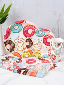 Juego desechable de plato, servilleta, vaso, mantel y pancarta con diseño de donas de colores para cumpleaños, adecuado para cumpleaños, bodas, fiestas temáticas, picnics familiares, para 8 invitados